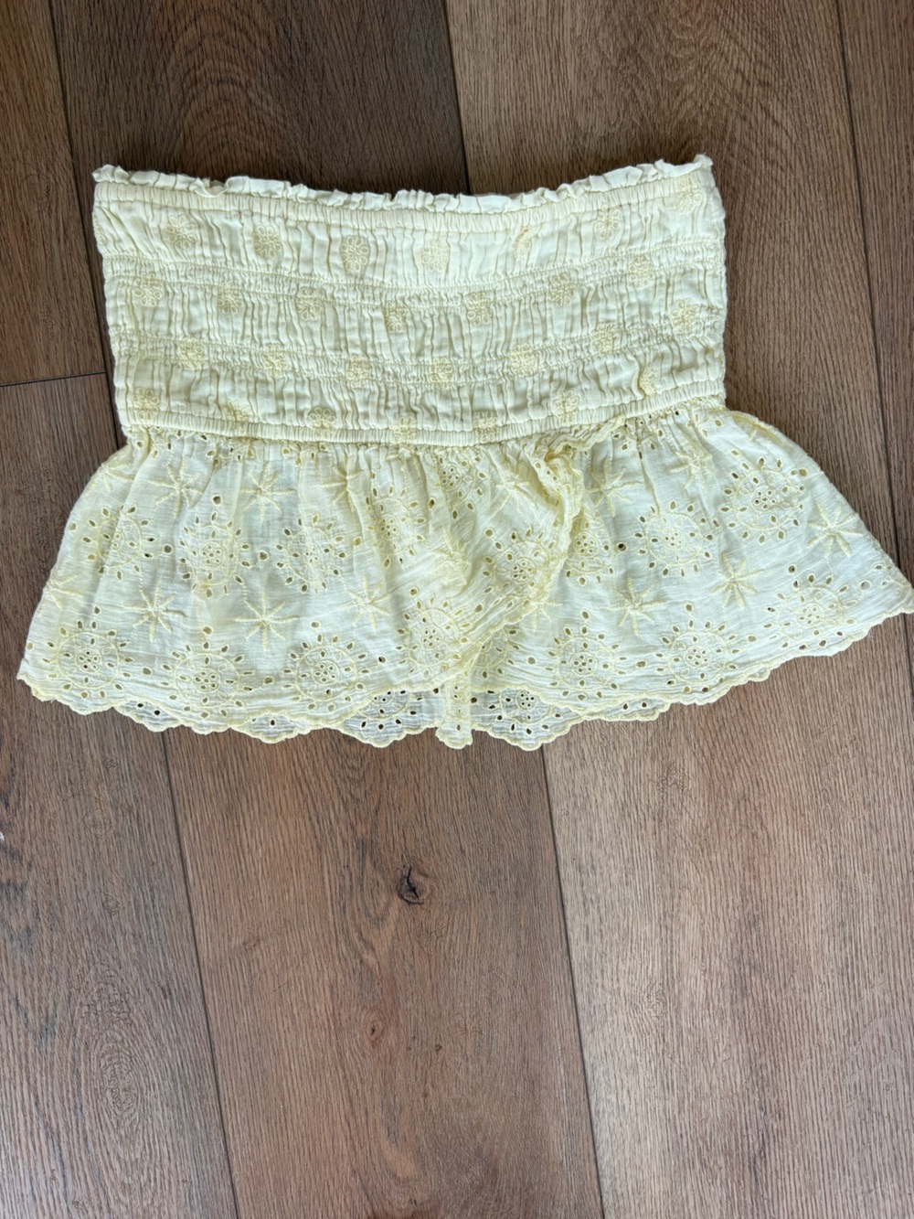 American Eagle Outfitters Pale Yellow Eyelet Strapless Crop Top